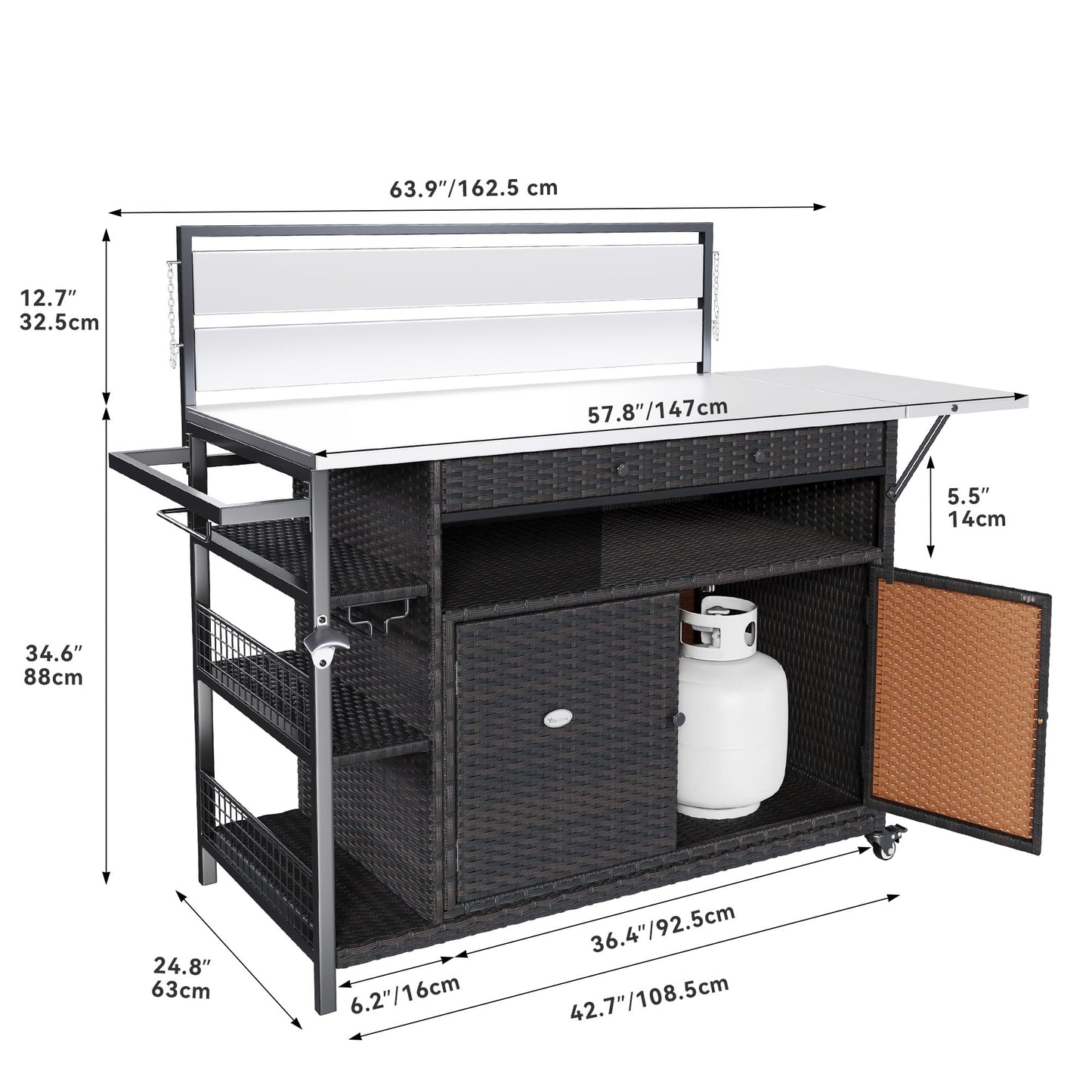 YITAHOME XL Outdoor Bar Cart, Outdoor Bar Table & Storage Cabinet, Wheels and Stainless Steel Extended Table Top, Side Handle for Patio Kitchen or Bar Cart, Dark Brown