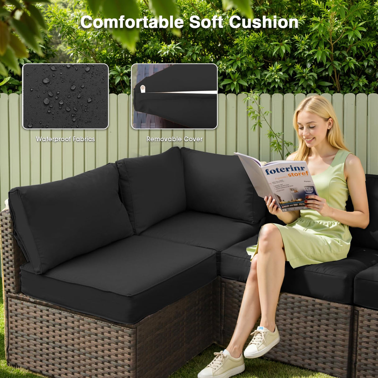 TANGJEAMER Patio Furniture Set 7 Pieces with 44" Fire Pit Table, Rattan Outdoor Sectional Conversation Sets, All Weather Outdoor Furniture Set with Cushions for Garden Lawn Balcony Porch Deck Black TANGJEAMER