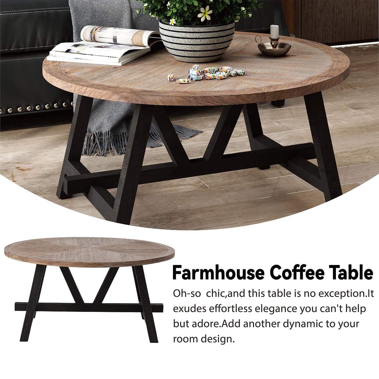 COZAYH Rustic Farmhouse Coffee Table with Geometric Base, French Country Accent Table for Family, Dinning or Living Room, Modern, Round COZAYH