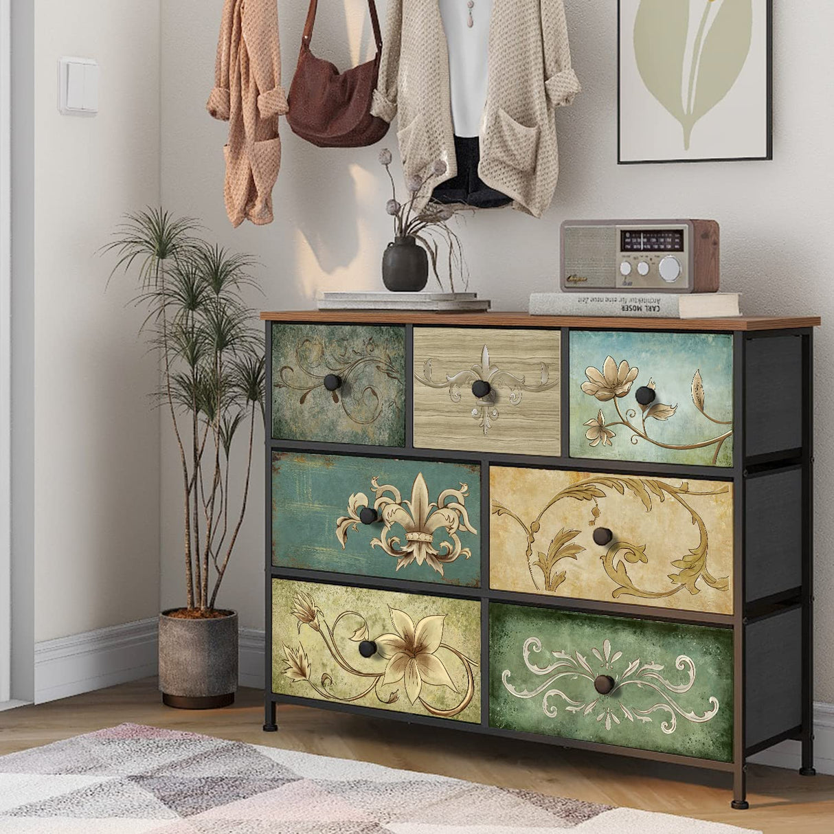 Tohomeor Dresser with Drawers for Bedroom Chest of Drawers Fabric Dresser for Closet,Nursery Entryway Hall Tree TV Stand for Living Room Retro Floral Pattern Drawers Wooden Top (7 Drawers) Tohomeor