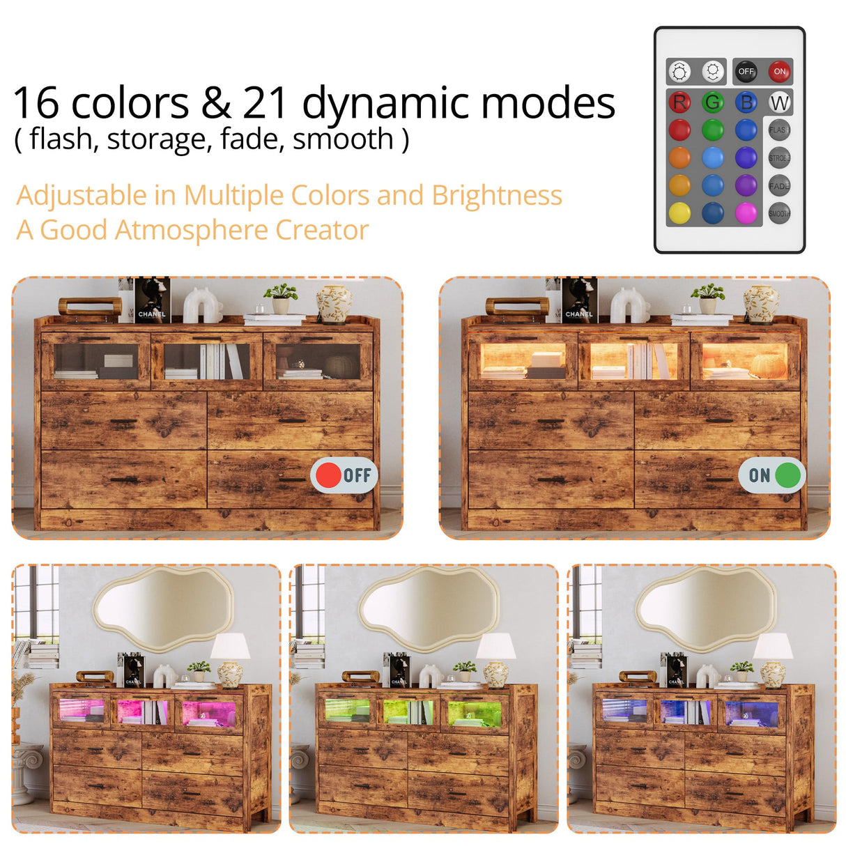 LIKIMIO 7 Drawer 47" Glass Dresser with LED and Power Strip, Wood Dressers & Chests of Drawers for Bedroom Living Room, Rustic Brown LIKIMIO