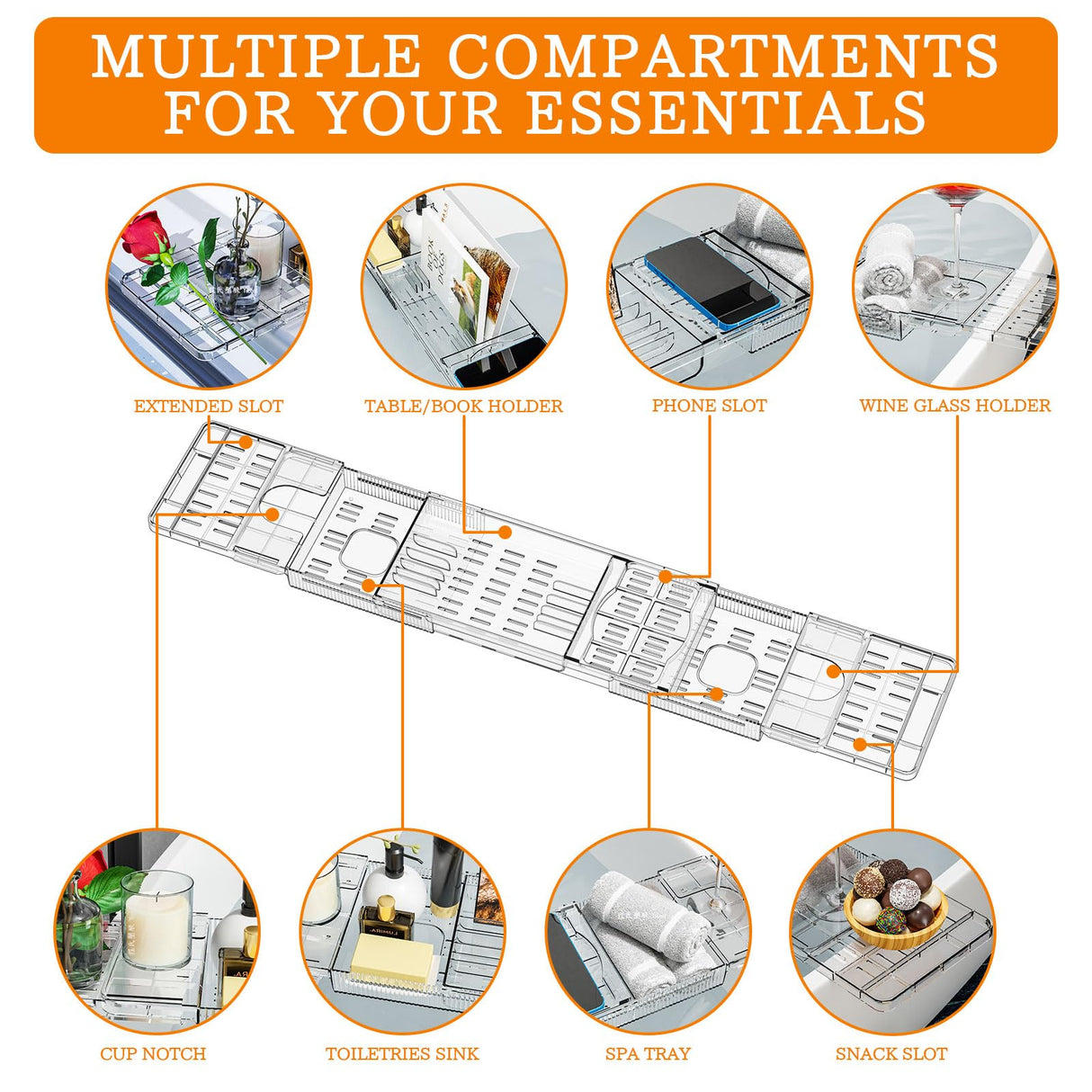 Yieach Iuxury Bathtub Trays For Tub,Expandable Bath Shelf Over Tub,Clear Bath Table,Bath Board,Bath Caddy Tray and Bath Tub Accessories for Women Relaxing With Bath Reading Book and Ipad Holder,1 Pack Yieach
