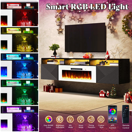 AMERLIFE Floating TV Stand with 40" Electric Fireplace, Modern Wall Mounted Entertainment Center with Storage, 80in Media Console with High Gloss Geometric Doors for TVs Up to 90", Black AMERLIFE
