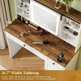 CLLASOU Farmhouse Makeup Vanity Desk with Sliding Mirror and Lights, Vanity Table with 2 Drawers & Shelves, Rustic Vanity Set with Lights Adjustable Brightness for Bedroom, White CLLASOU