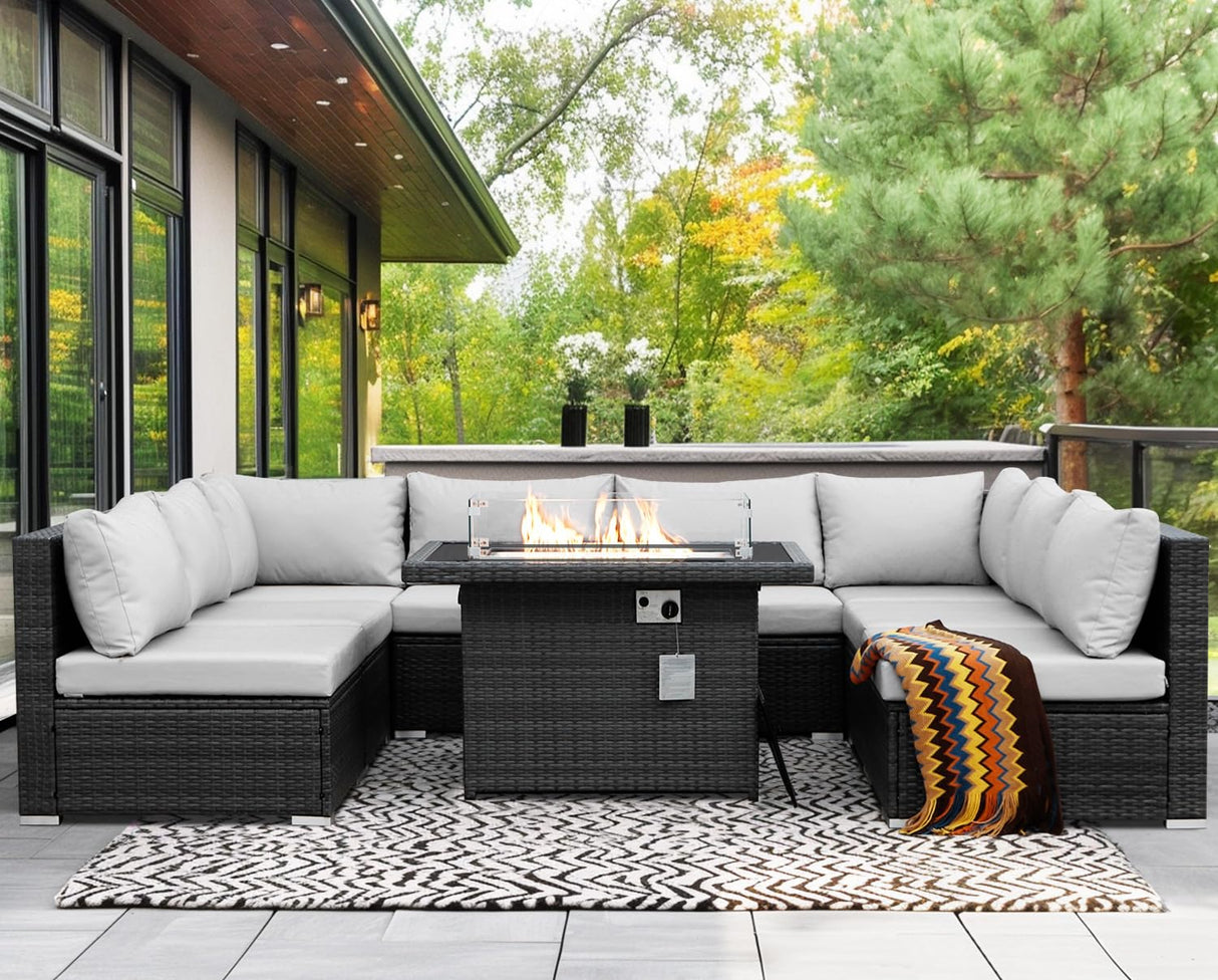 NICESOUL 29.3'' High Back Outdoor Patio Furniture Set with Firepit Natural Gas & Propane, 9 Piece Extra Large Conversation Set with Fire Pit Table, Modern Deep Wide Modular Wicker Sofa Couches, Gray NICESOUL