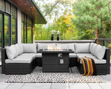 NICESOUL 29.3'' High Back Outdoor Patio Furniture Set with Firepit Natural Gas & Propane, 9 Piece Extra Large Conversation Set with Fire Pit Table, Modern Deep Wide Modular Wicker Sofa Couches, Gray NICESOUL
