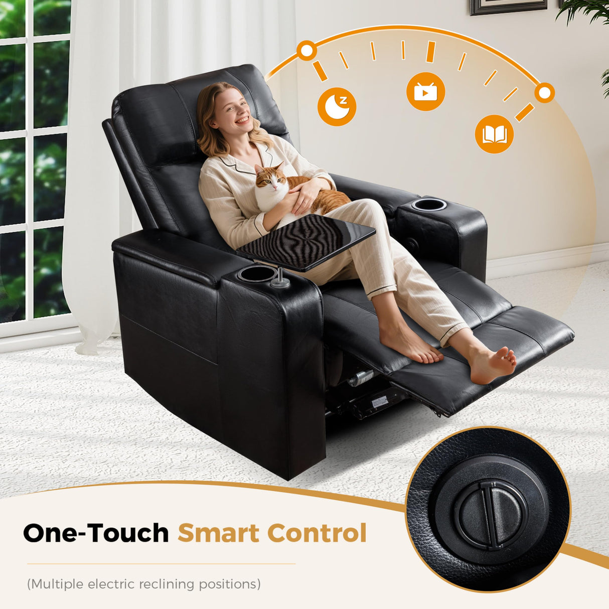 ANJ Black Power Recliner Chair Electric Home Theater Seating Soft Leather Movie Chair for Living Room Overstuffed Single Reclining Sofa with Hidden Arm Storage, Cup Holders and USB Ports (Black) ANJ
