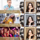 Patikuin Vanity Desk with Lighted Mirror, Makeup Vanity Set with Power Outlet, Cushioned Stool, Vanity Table with 6 Storage Shelves, 2 Large Drawers and 3 Color Light Adjustable Brightness, Black Patikuin