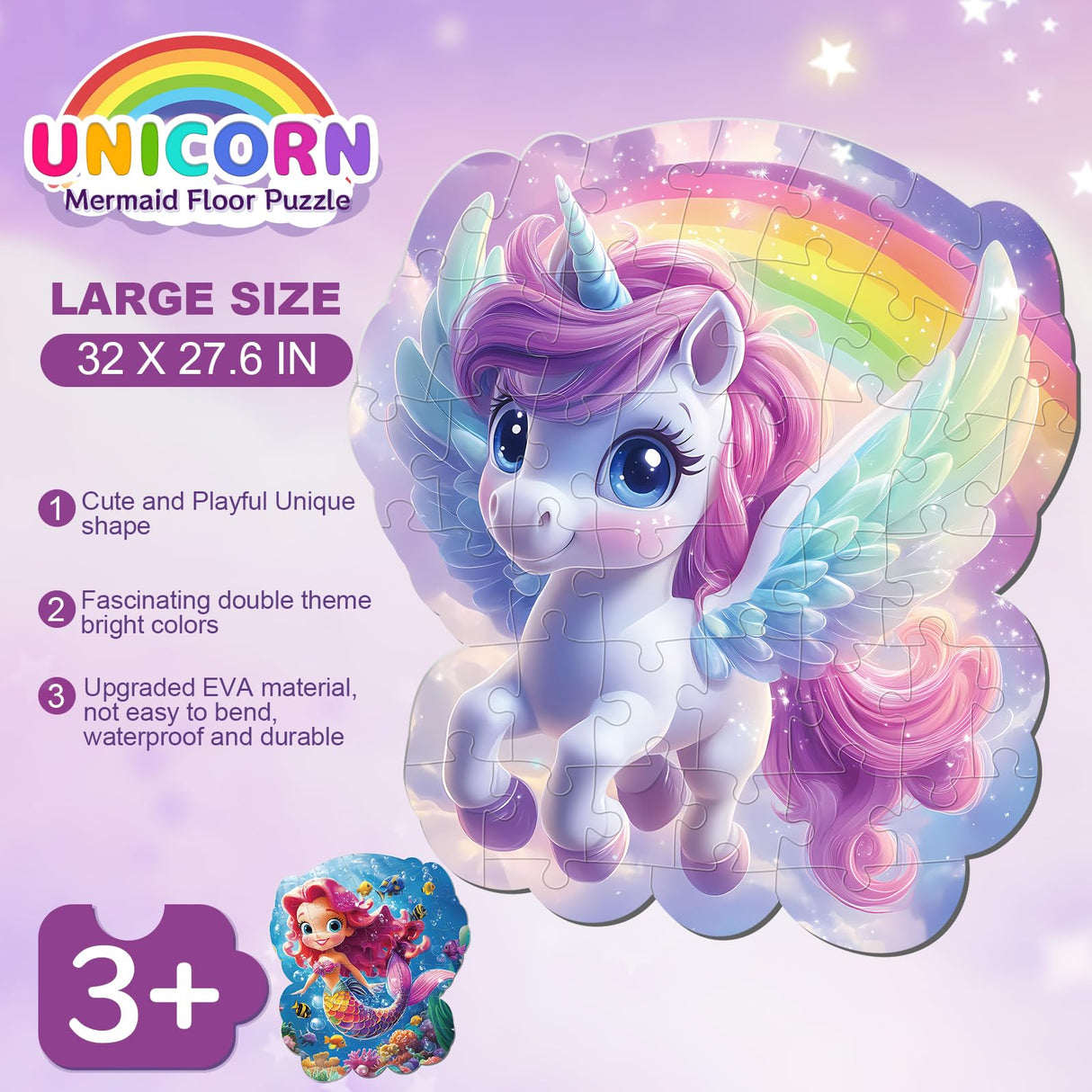 FAMOPLAY 45pcs Unicorn & Mermaid Double-Sided Floor Puzzles, Ages 3-8, 27.6x32 In, Waterproof, EVA Material, Jumbo Jigsaw Puzzle, 1 Set of 45 Pieces FAMOPLAY