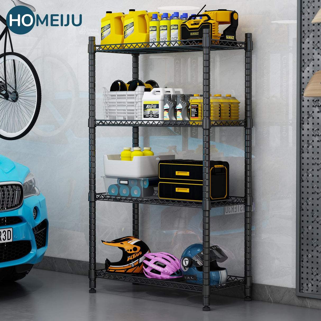 Homeiju 4 Tier Shelving Unit,Heavy-Duty Height Adjustable Storage Rack 1300 LBS Capacity with Adjustable Feet ,Metal Storage Shelves Wire Shelf for Kitchen Garage Laundry ,13.77"D x 35.43"W x 54.33"H Homeiju