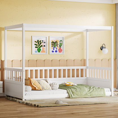 Twin Size Canopy Bed Frame with 4 Posters and Guardrails, Twin Size Montessori Floor Bed with High Fence, White Montessori Bed Twin Size