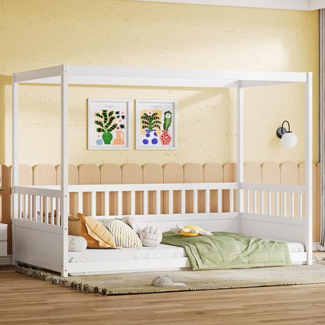 Twin Size Canopy Bed Frame with 4 Posters and Guardrails, Twin Size Montessori Floor Bed with High Fence, White Montessori Bed Twin Size Bellemave