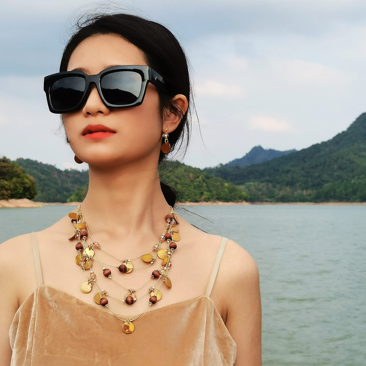 Firstmeet Handmade Multi-Layer Round Shell Wooden Beads Necklace with Earrings(XL-1101-Brown) Firstmeet