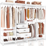 Aheaplus Wood Clothes Rack Wardrobe Closets for Hanging Clothes Heavy Duty Garment Rack, Large Corner L Shaped Closet System Organizer Walk-in Closet for Bedroom with 3 Wood Drawers, Pure White Aheaplus
