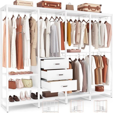 Aheaplus Wood Clothes Rack Wardrobe Closets for Hanging Clothes Heavy Duty Garment Rack, Large Corner L Shaped Closet System Organizer Walk-in Closet for Bedroom with 3 Wood Drawers, Pure White Aheaplus