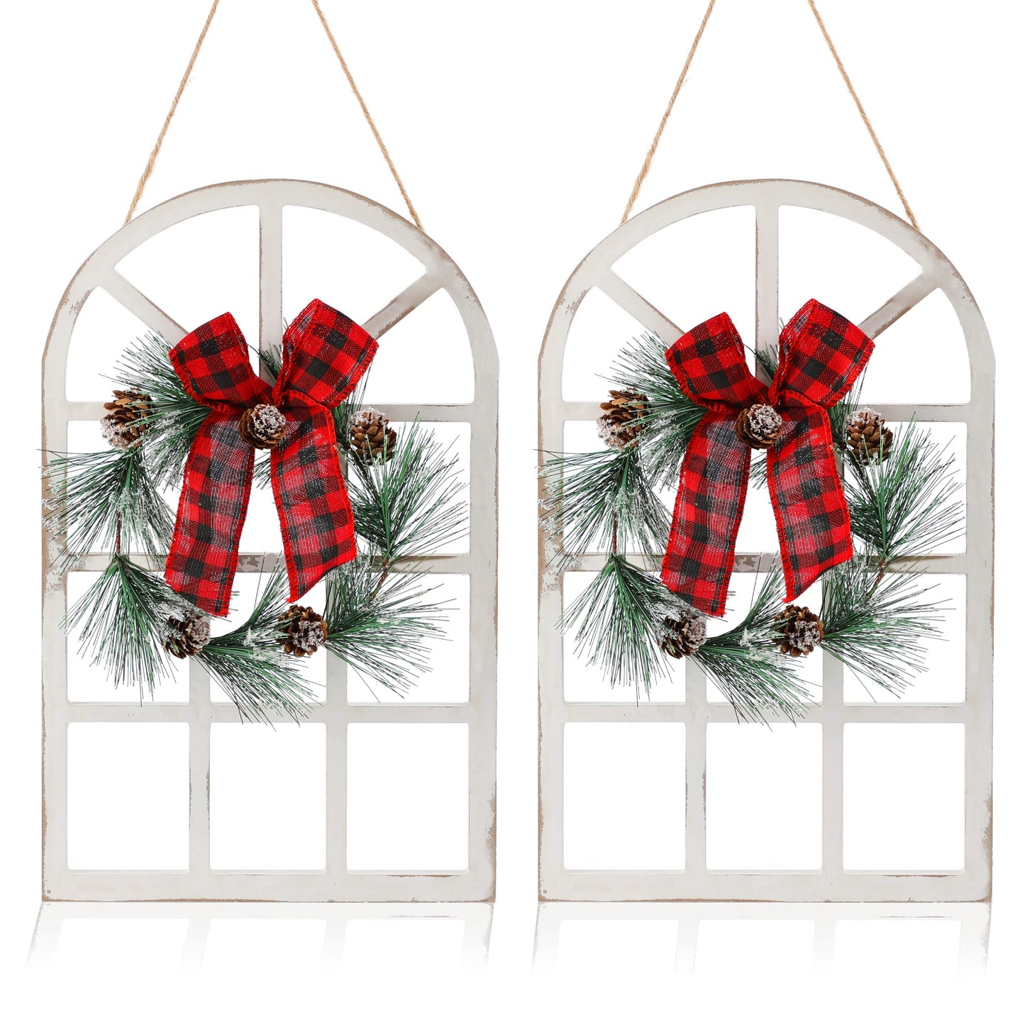 NEWLIGHTURE Wood Christmas Holiday Wall Hanging Indoor Outdoor Decorations Rustic Christmas Window Plaque Signs Wooden Arch with Wreath Christmas Home Party (Red-Black)