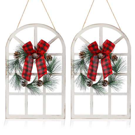 NEWLIGHTURE Wood Christmas Holiday Wall Hanging Indoor Outdoor Decorations Rustic Christmas Window Plaque Signs Wooden Arch with Wreath Christmas Home Party (Red-Black) NEWLIGHTURE