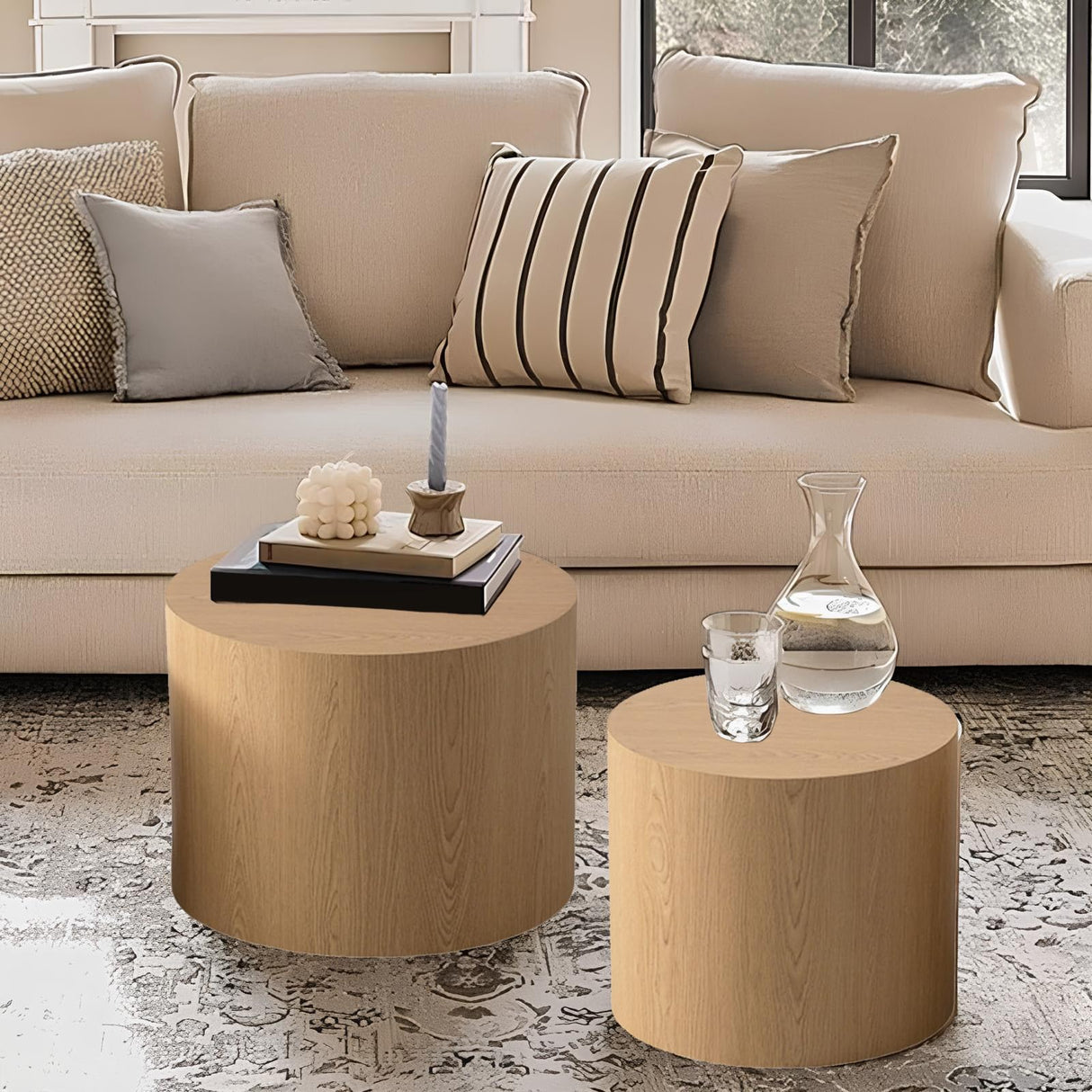 YYZIWYUN Nesting Coffee Table Set of 2 Modern Drum Coffee Table Handcraft Fluted Coffee Table End Table Round Wood Coffee Table for Living Room Small Space, No Need Assembly,Light Wood YYZIWYUN