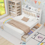 P PURLOVE Queen Storage Bed Frame with Upholstered Headboard, Shelves and 4 Drawers in White P PURLOVE