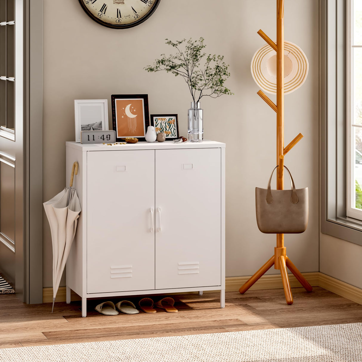 Steehoom Metal Storage Cabinet with 2 Door, Steel Locker Sideboard Buffet Cabinet Console Table for Home Office (White) Steehoom