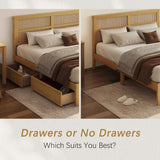 Olodumare Boho King Platform Bed Frame with Rattan Headboard, Modern Natural Bohemian Solid Wood Bed with 2 Under Bed Storage Drawers, Squeak-Free, No Box Spring Needed, Easy Assembly, Honey Oak Olodumare