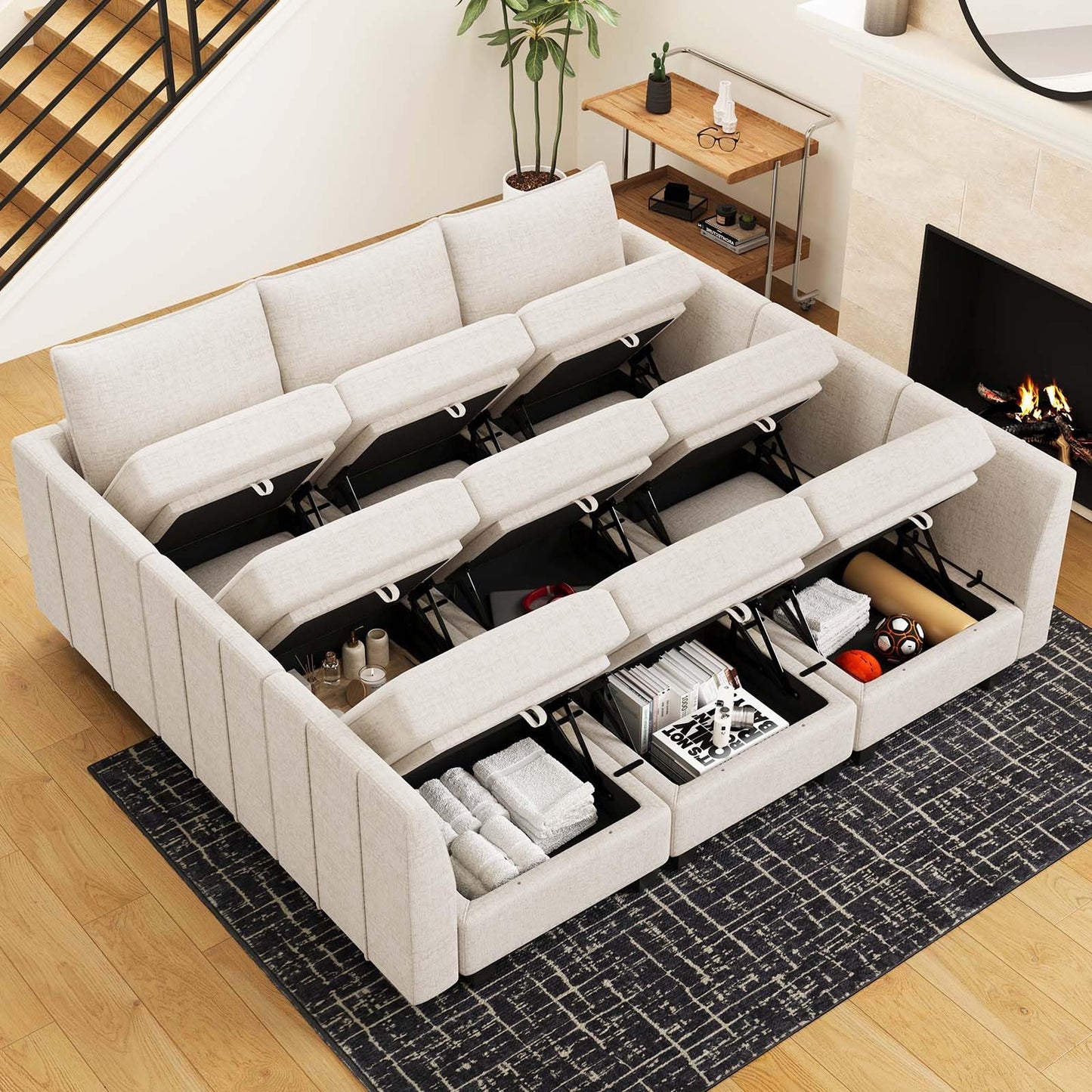 Belffin Large Modular Sectional Sofa Sleeper Sectional Couch with Storage Chenille Sectional Sofa Bed for Living Room, 9 Seats, Beige