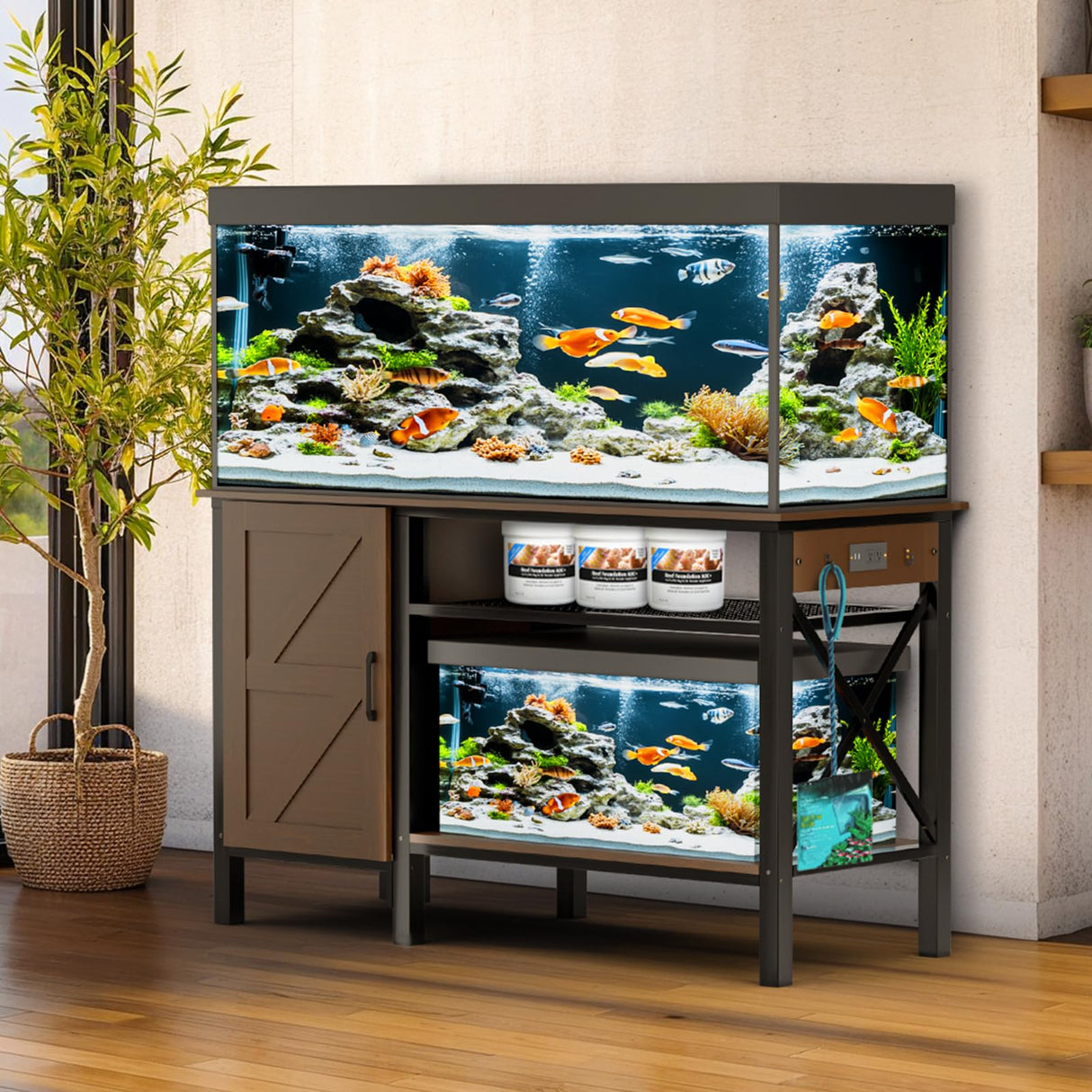 PAWZOO 55-75 Gallon Fish Tank Stand - Heavy Duty Aquarium Stand with Power Outlets, Cabinet for Fish Tank Accessories Storage, Metal Frame, Suitable for Fish Tank, Turtle Tank, 880LBS Capacity, Brown PAWZOO
