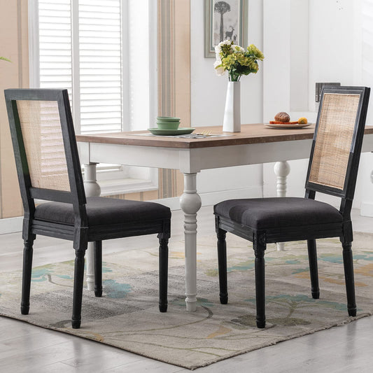 Guyou Black Farmhouse Dining Chairs Set of 2, Upholstered Dining Room Chairs with Rectangular Rattan Back French Country Accent Chair with Distressed Wood Frame for Kitchen Living Room (Beige - WoodArtSupply