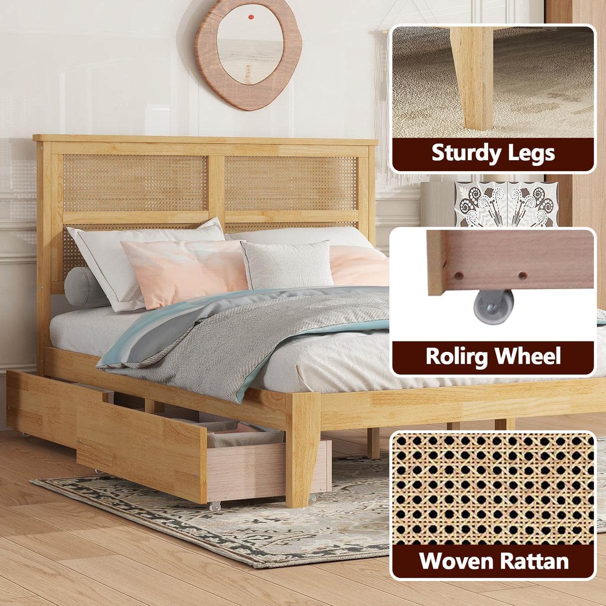 HRVEOCEI Boho Bed Frame Full with Rattan Headboard, Rattan Bed Frame & Full Beds Frames with Wood Legs, Solid Wood Beds Frames with Storage Underneath,Easy Assembly (White Oak, Full) HRVEOCEI