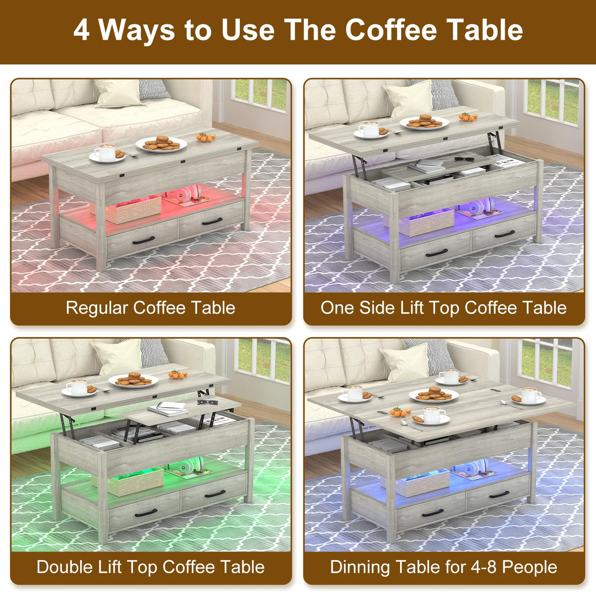 SYESWAY Lift Top Coffee Table with LED, 3-in-1 Multifunctional Coffee Table with Drawers and Hidden Compartments, Coffee Table Converts to Dining Table, for Living Room, Reception Room, Grey SYESWAY