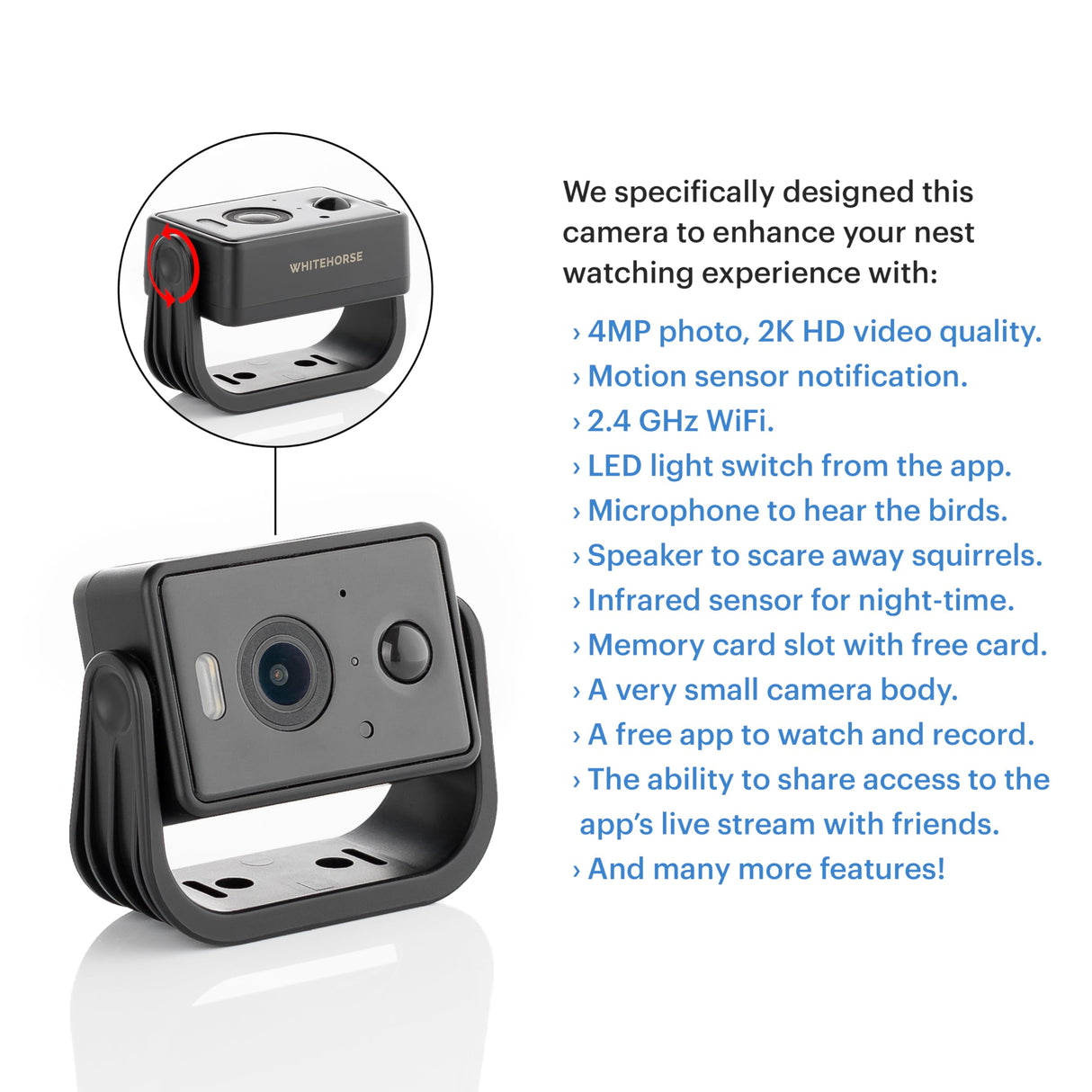 WHITEHORSE Bird House Camera - Wireless and Solar Powered - Take Photos and Videos from Your Phone (Free App) - Get Notified When a Bird is Detected - 32GB Memory Card Included WHITEHORSE
