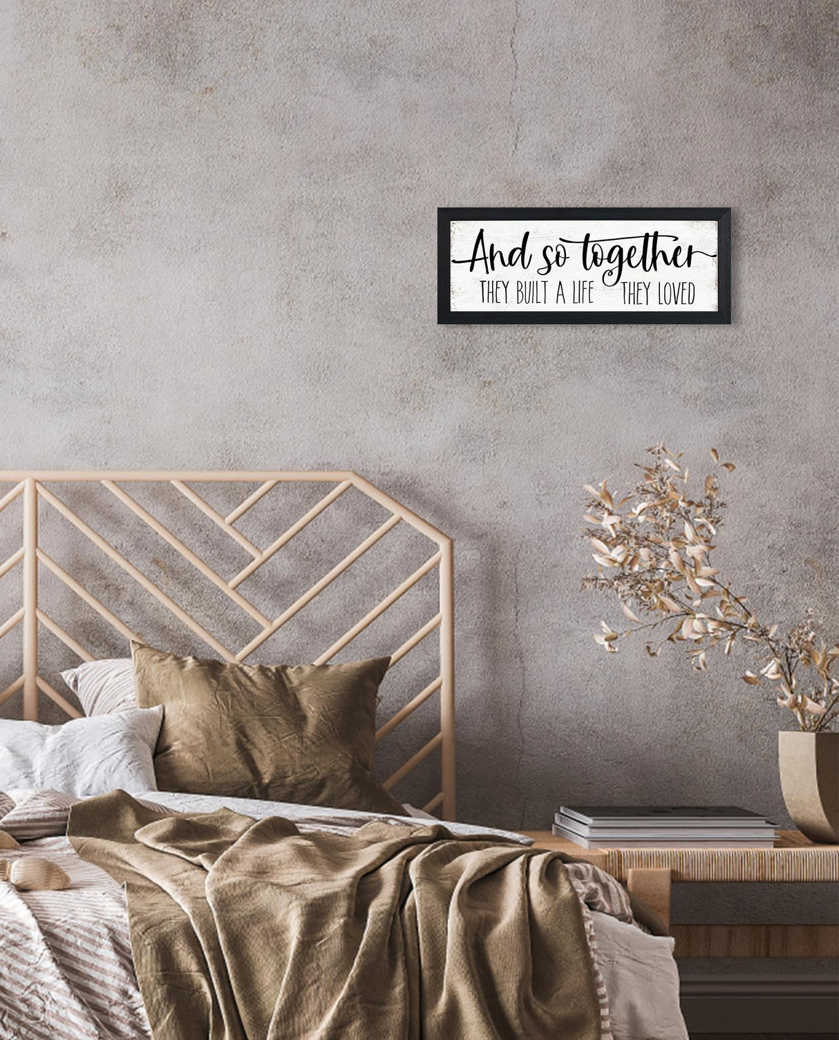 And So Together They Built a Life They Loved Sign Wall Decor: Rustic Farmhouse Wall Decor Above Bed for Bedroom Aesthetic Inspirational Quotes Family Signs Framed Master Bedroom Signs 6" x 14.5" HLJ ART