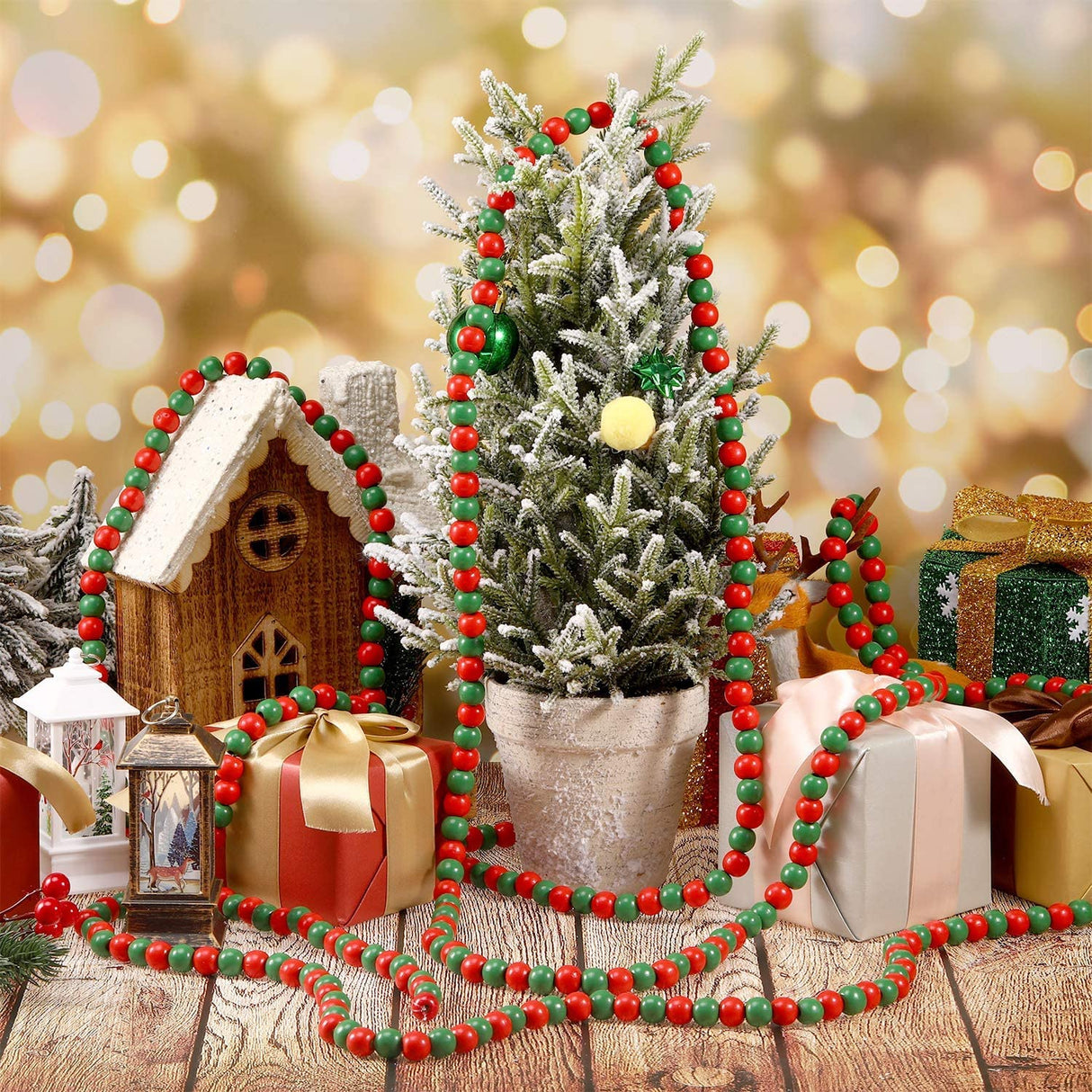 KitWinner Christmas Wood Beads Garland Retro Rustic Strand Country Farmhouse Xmas Tree Decor (14.5 Ft, Red & Green) KitWinner