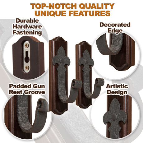 TESLYAR Gun Rack Wall Mount Hold Up Displays Horizontal Gun Rack and Shotgun Hooks Store Rifle Shotgun Bow Real Hardwood Hanger Brown TESLYAR