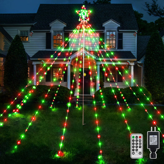 Ollny Christmas Lights Tree Red&Green 340LED with Topper Star, IP67 Waterproof Remote Control Waterfall Lights with Pole, 8 Lighting Modes Timer Dimmable Christmas Decorations Outdoor Yard Garden Lawn