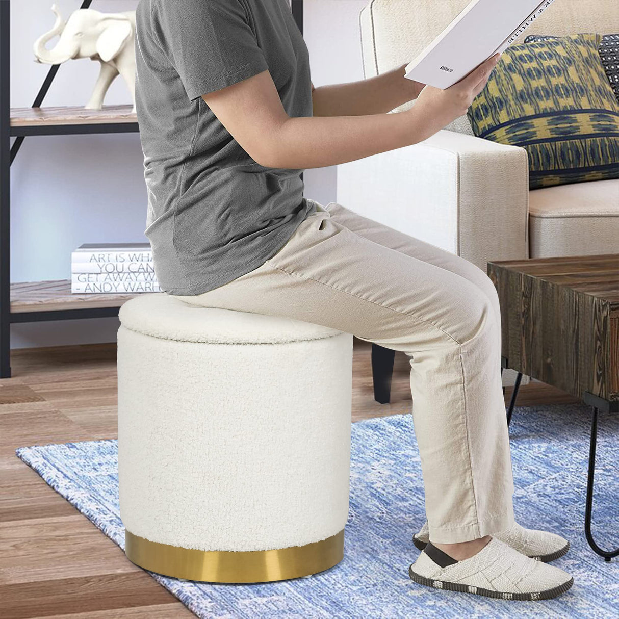 Joveco Round Storage Ottoman with Removable Lid, Boucle Small Upholstered Padded Vanity Foot Rest Stool for Living Room, Bedroom, Dorm, White Joveco