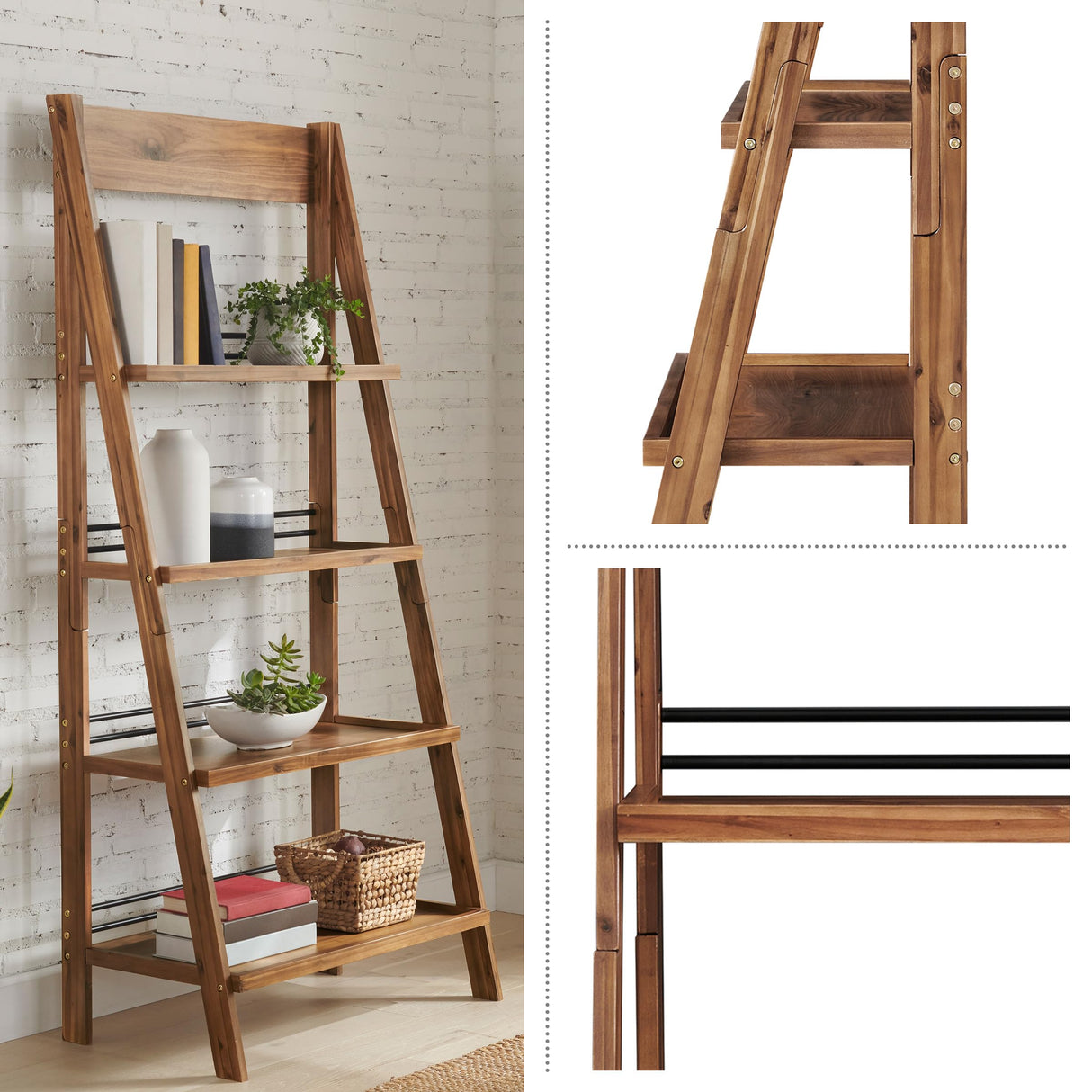 4-Tier Ladder Bookshelf - Freestanding Bookcase with Bar Back Frame - Shelves for Living Room, Kitchen, Bedroom, and Office by Lavish Home (Walnut) Lavish Home