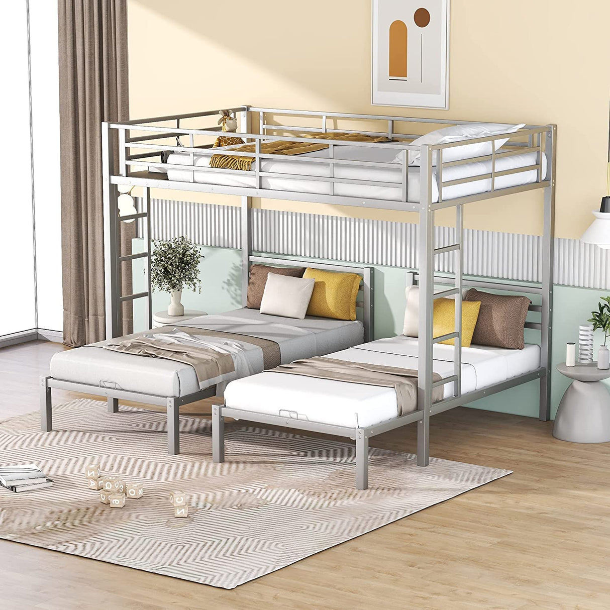 Harper & Bright Designs Metal Triple Bunk Beds Full Over Twin & Twin Bunk Bed with Upper Built-in Shelf, 3 Bed Bunk Beds with 2 Ladders for Kids, Teens, Adults, Silver Harper & Bright Designs