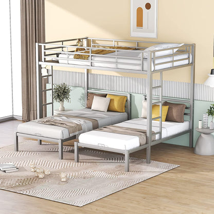 Harper & Bright Designs Metal Triple Bunk Beds Full Over Twin & Twin Bunk Bed with Upper Built-in Shelf, 3 Bed Bunk Beds with 2 Ladders for Kids, Teens, Adults, Silver