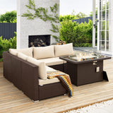 NICESOUL 6 Piece Patio Furniture Set with Firepit, 29.3'' High-Back Outdoor Sectional with Fireplace Natural Gas Propane Convertible, Comfy Deep Wide Seating Conversations for Outside, Brown NICESOUL
