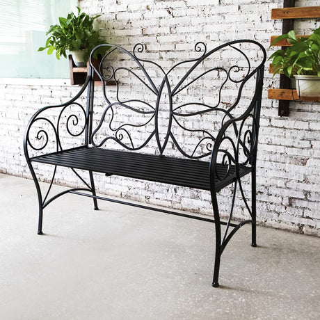 HLC Outdoor Bench Patio Outdoor Sturdy Rust-Resistant Garden Bench Butterfly Cast Iron Metal with Armrests for Garden, Park,Yard, Patio, Porch, Lawn Double Seats Black HLC