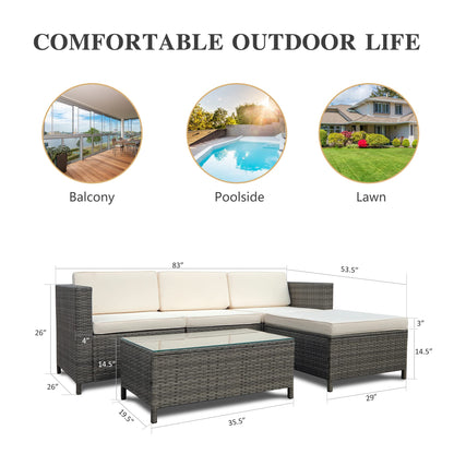 May in Color 5 Piece Outdoor Patio Sectional Furniture Set, Weather Resistant Rattan Outside Couch, Waterproof Conversation Sofa for Balcony, Porch, Backyard, Deck, Garden,Beige - WoodArtSupply