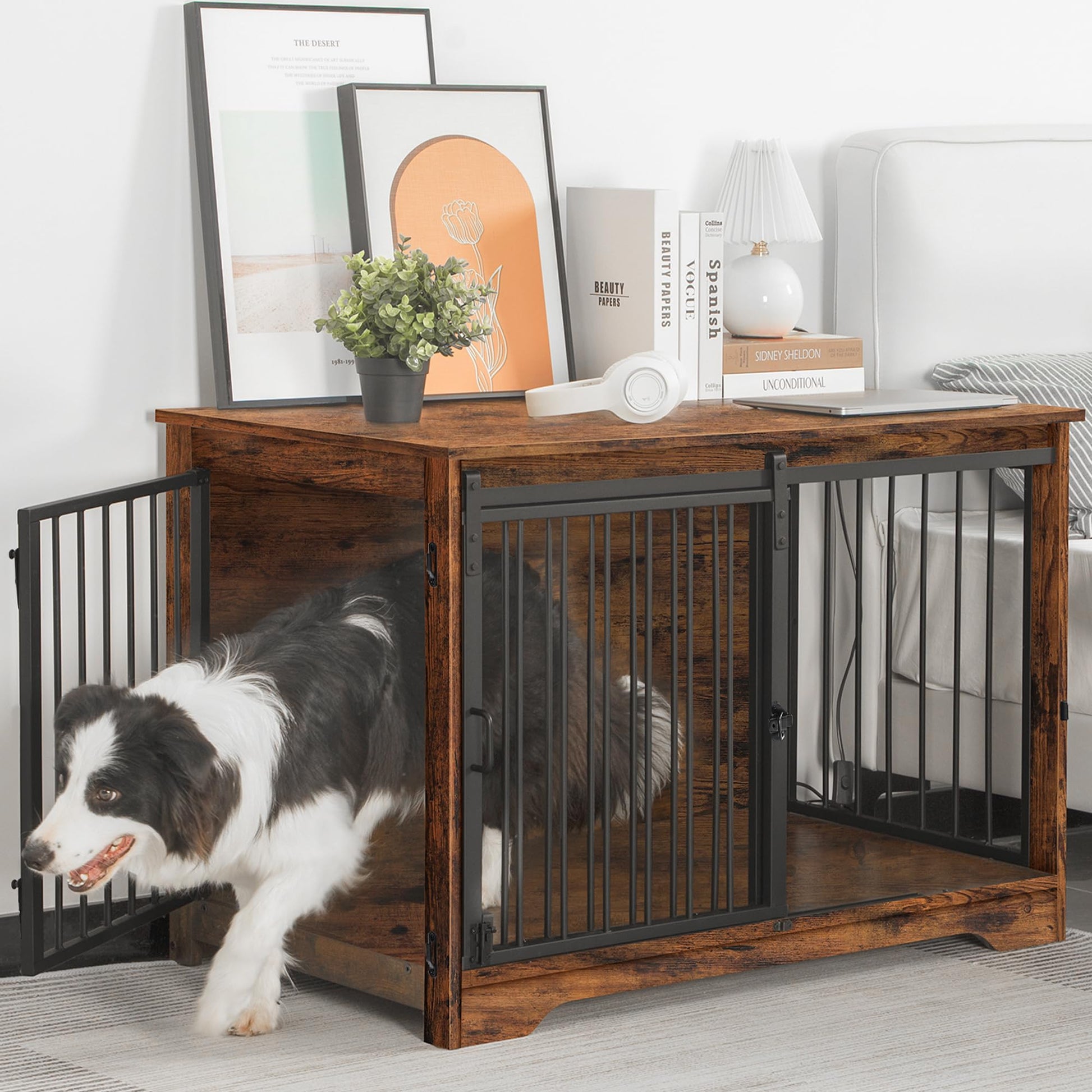 Hzuaneri Dog Crate Furniture, 39.4" Double Door Dog Crate with Barn Door, Dog Kennel Indoor, End Side Table Wooden Dog Crate for Small Medium Large Dog, Anti-Chew Anti-Escape, Rustic Brown - WoodArtSupply