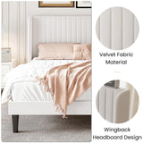 SHA CERLIN Queen Size Velvet Bed Frame with Vertical Channel Tufted Wingback Headboard, Upholstered Platform Bed with Wood Slats, No Box Spring Needed, Easy Assembly, White SHA CERLIN