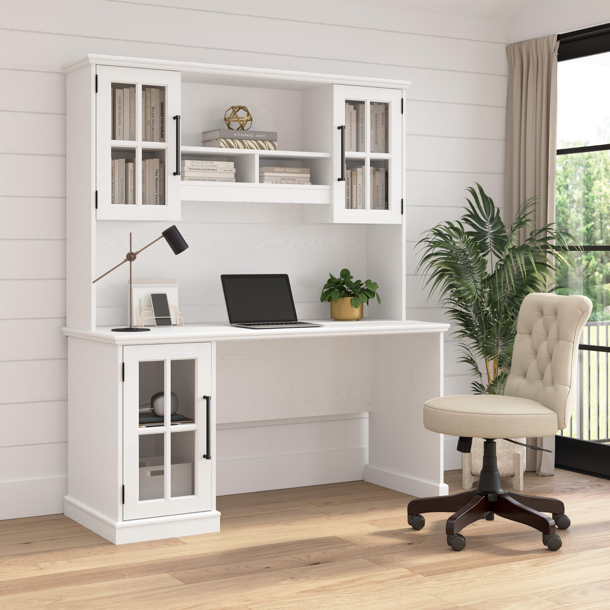 Bush Furniture Westbrook 60W Computer Desk with Hutch in White Ash | Farmhouse Desk for Home Office Workspace - WoodArtSupply