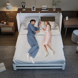 howcool Queen Murphy Bed Cabinet with Charging Station and Large Storage Drawer, Solid Pine Wood Platform Bed Frame, Foldable Cabinet Bed for Home Office, Space Saving Design, White + Walnut howcool