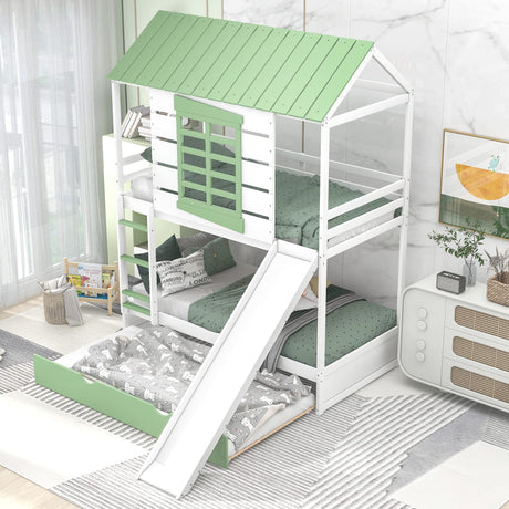 House Bunk Beds with Trundle and Slide, Twin Over Twin Bunk Bed with Roof and Windows, Kids Playhouse Bunk Beds for Girls & Boys, No Box Spring Needed (Triple Bunk Bed, White+Green) Harper & Bright Designs
