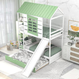 Harper & Bright Designs House Bunk Bed with Convertible Slide and Trundle, Solid Wood Bunk Bed Twin Over Twin, for Kids Girls Boys (White+Green) Harper & Bright Designs