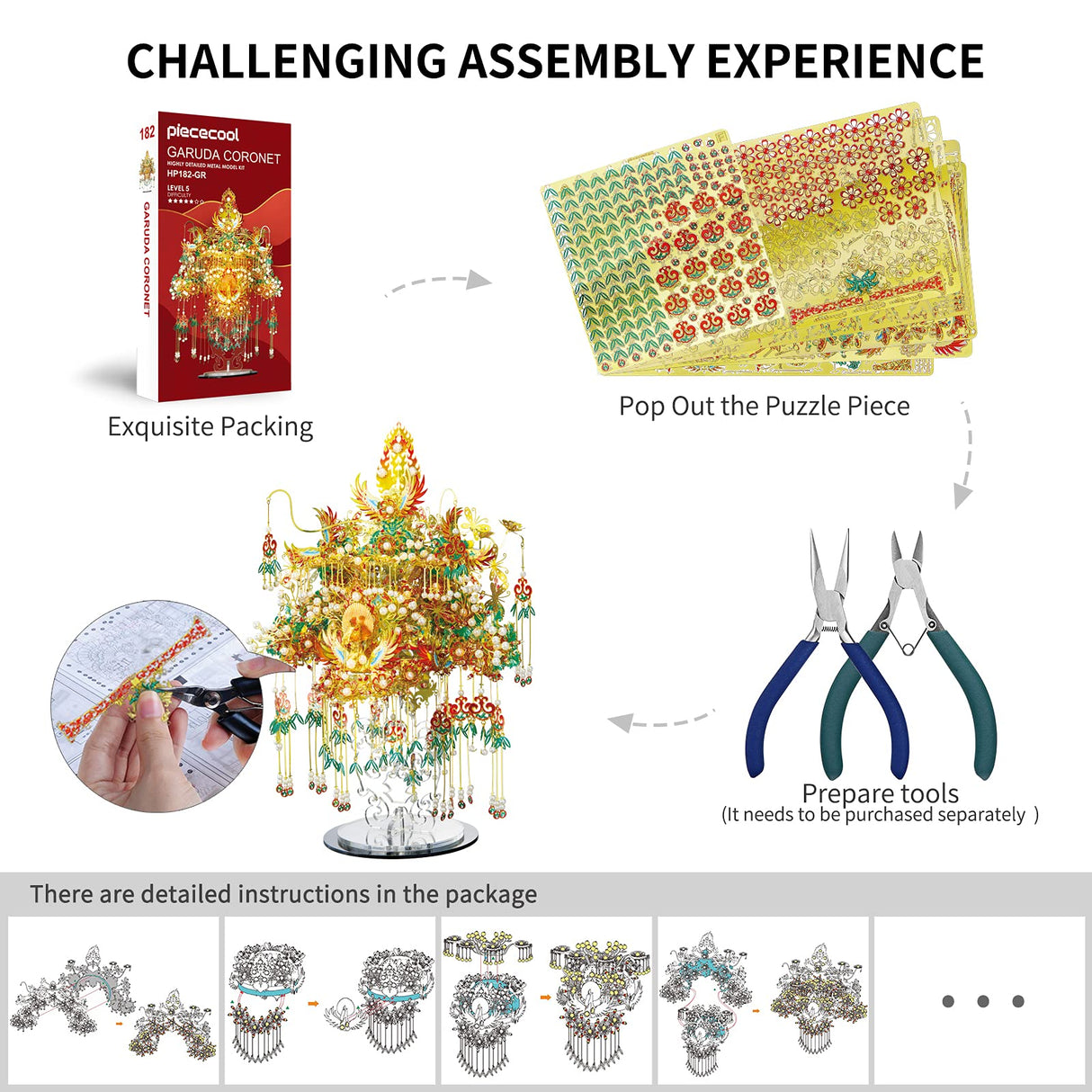 Piececool 3D Metal Asian Puzzles Model Kits- Garuda Coronet Metal Building Kit for Adults, Brain Teaser Puzzle DIY Handcraft Model Kits, Fidget Toys Gifts for Teens Man Woman Family- 522 Pcs Piececool