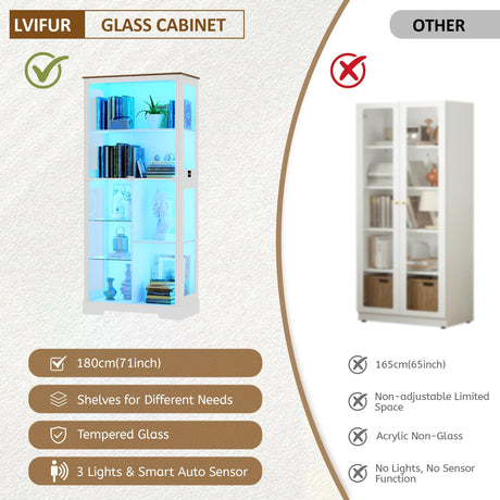 Lvifur Display Cabinet with Glass Doors, Modern Curio Cabinet with 3 Color Lights, 7-Tiers Glass Display Cases for Collectibles, Tall Storage Cabinet with Human Body Sensor for Living Room (White) Lvifur